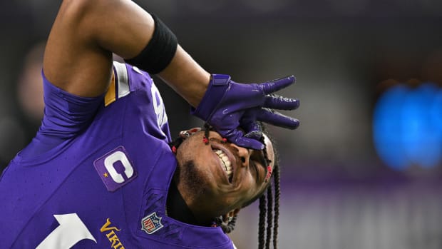 Dec 31, 2023; Minneapolis, Minnesota, USA; Minnesota Vikings wide receiver Justin Jefferson (18) looks on before the game against the Green Bay Packers at U.S. Bank Stadium.